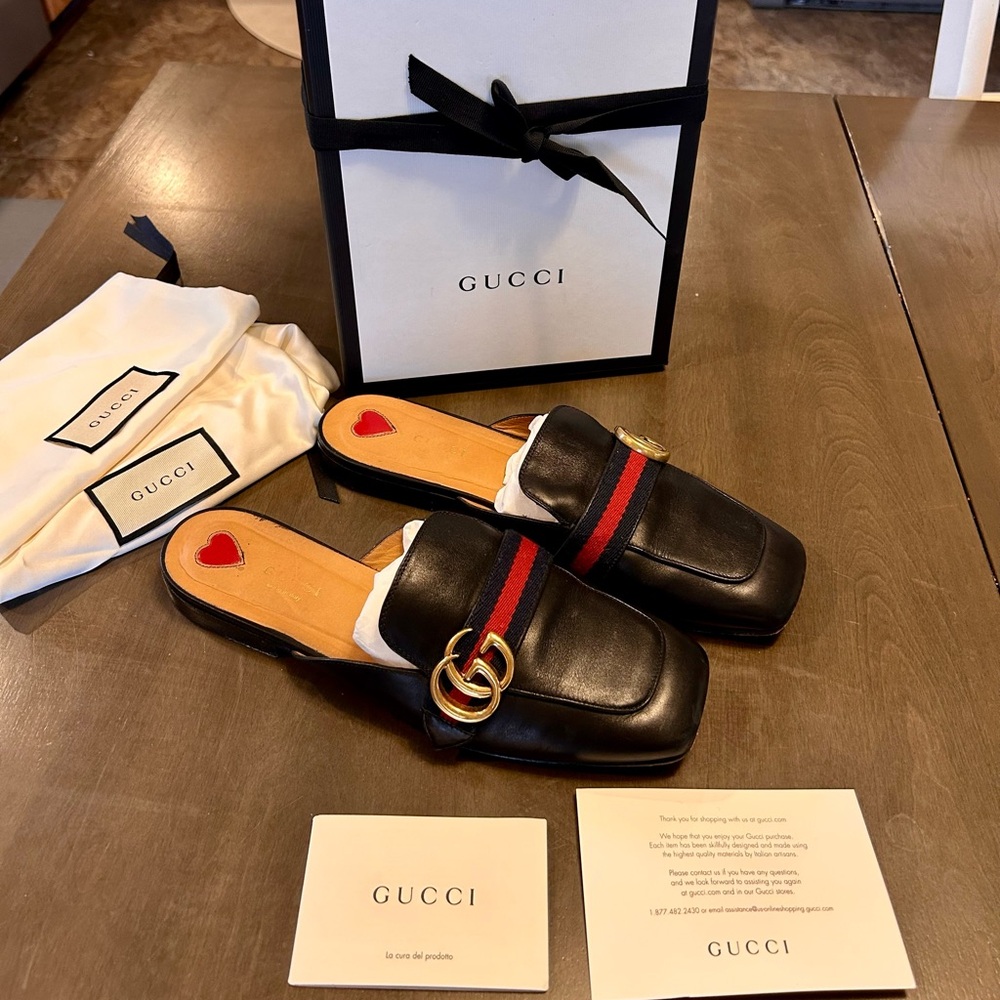 Gucci Peyton Black Leather Square Toe Mules 39.5